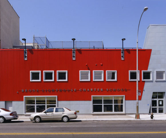 facade of elementary charter school design and adaptive reuse project by school architecture firm Gran Kriegel in NYC