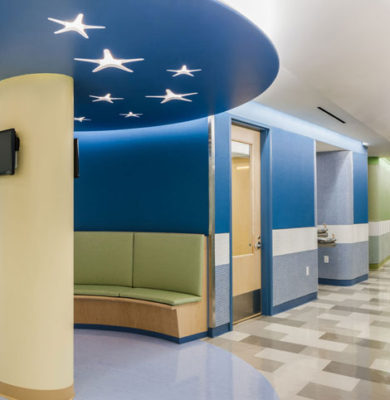 Corridor seating at YAI Manhattan Star Academy interior retrofit special needs school design by Gran Kriegel Architects in nyc