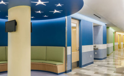 Corridor seating at YAI Manhattan Star Academy interior retrofit special needs school design by Gran Kriegel Architects in nyc