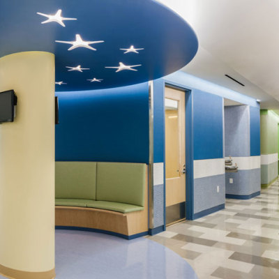 Corridor seating at YAI Manhattan Star Academy interior retrofit special needs school design by Gran Kriegel Architects in nyc