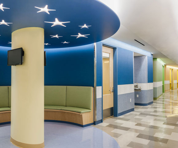 Corridor seating at YAI Manhattan Star Academy interior retrofit special needs school design by Gran Kriegel Architects in nyc