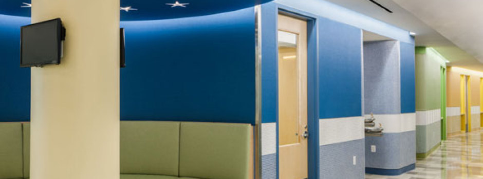 Corridor seating at YAI Manhattan Star Academy interior retrofit special needs school design by Gran Kriegel Architects in nyc