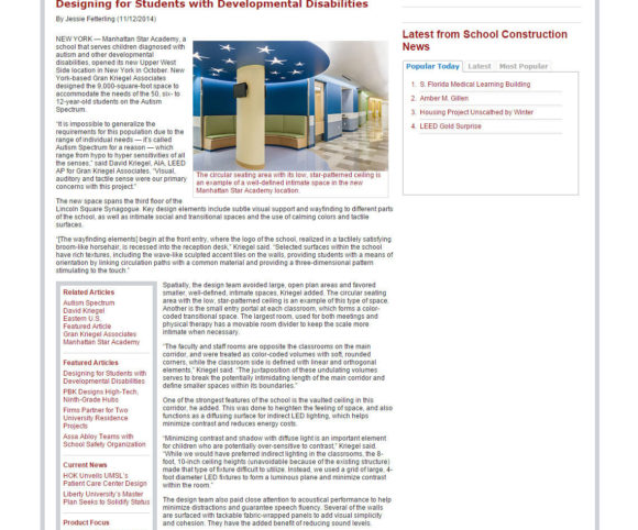 Gran Kriegel's design for Manhattan Star Academy, a special needs school in NYC, is featured in School Construction News