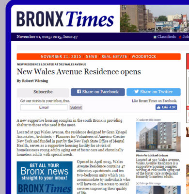 Gran Kriegel Architects supportive housing design featured in the Bronx Times