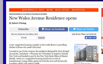 Gran Kriegel Architects supportive housing design featured in the Bronx Times