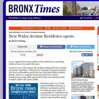 Gran Kriegel Architects supportive housing design featured in the Bronx Times