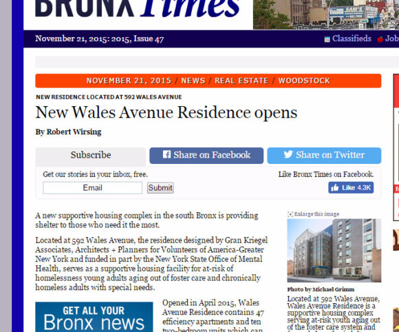 Gran Kriegel Architects supportive housing design featured in the Bronx Times